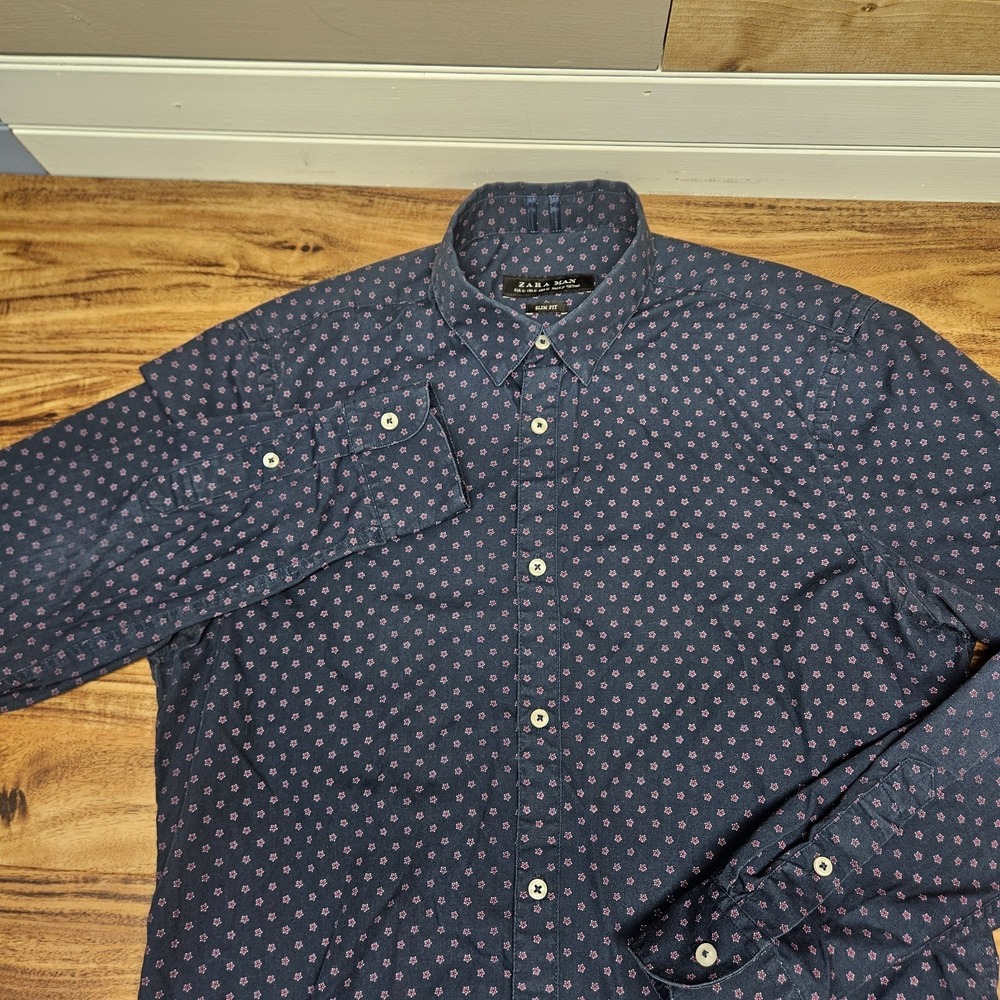 ZARA MAN Men Floral Slim Fit Floral Blue Button Up Collar Size Med-Lg See Photo